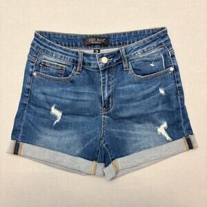 Judy Blue Mid Rise Distressed Cuffed Jean Shorts Blue Stretch Denim Size 28